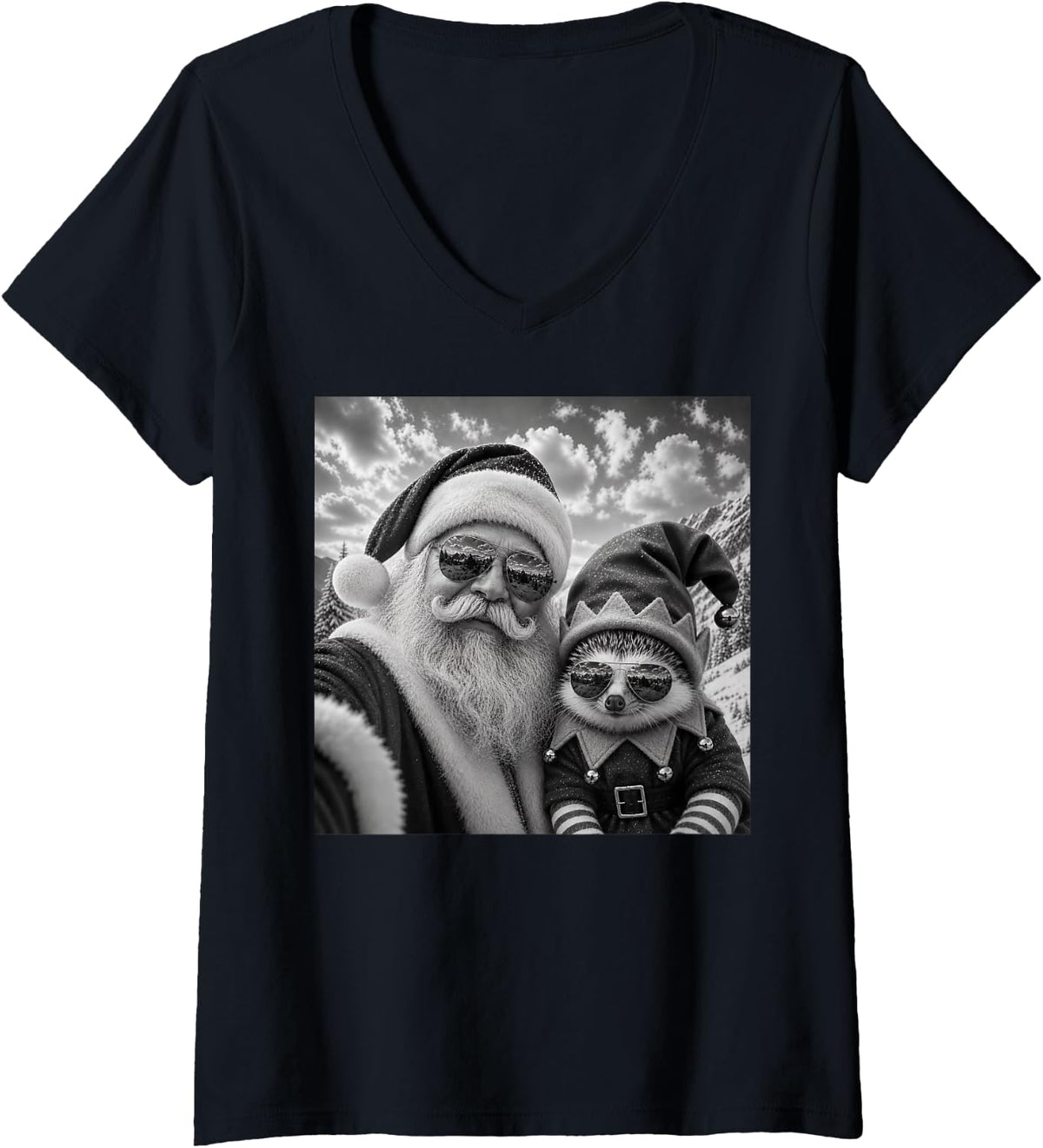 Women's Funny Santa Selfie with Hedgehog Christmas V-Neck T-Shirt - Black