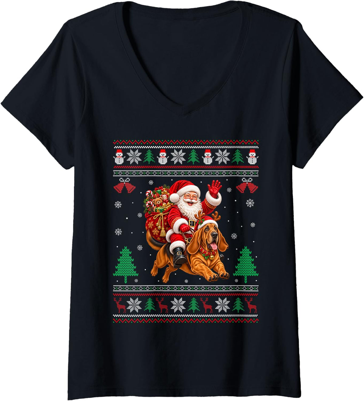 Women's Bloodhound Ugly Christmas Sweater Santa Riding Dog Xmas V-Neck T-Shirt - Black