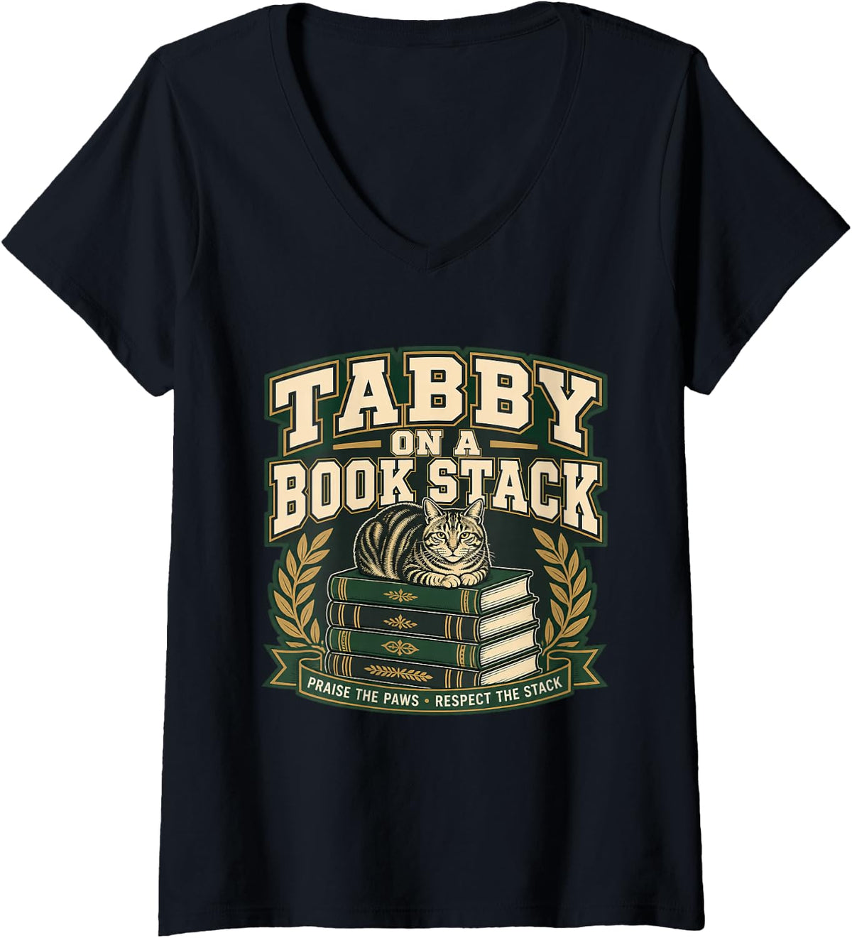 Women's Tabby ON A Book Stack Cat Reading Book Lover Reader V-Neck T-Shirt - Black