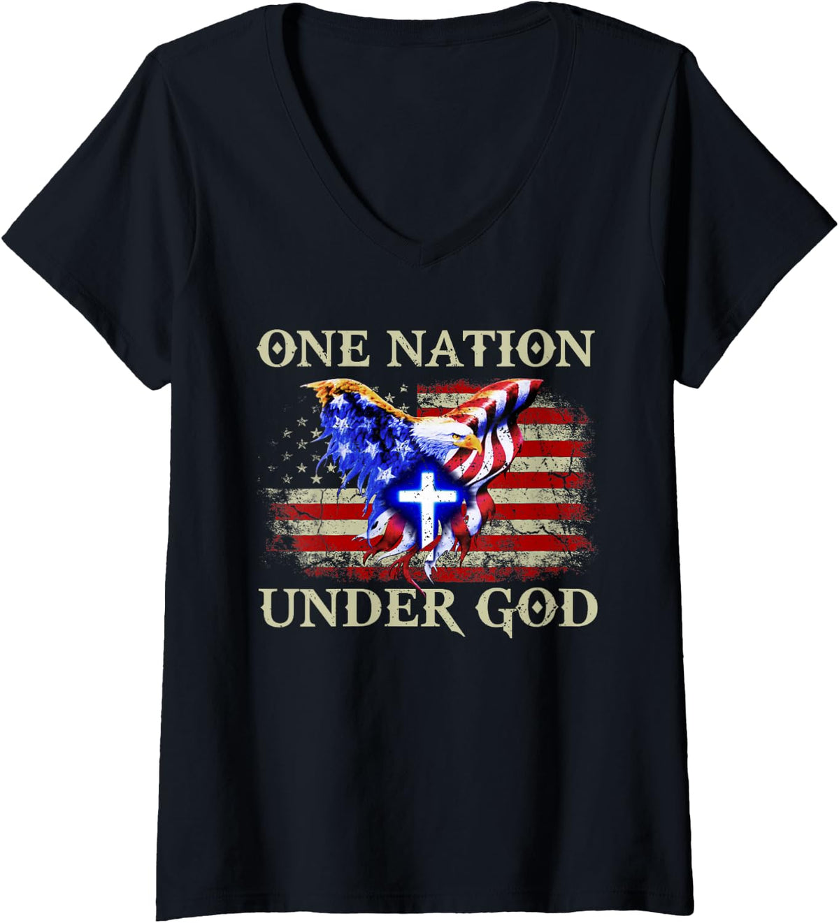 Womens one nation under god patriotic usa christian V-Neck T-Shirt - Black