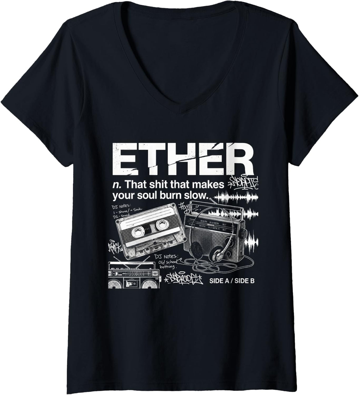 Women's Ether Tshirt Music Rap Oldschool Hiphop Urban Streetwear V-Neck T-Shirt - Black