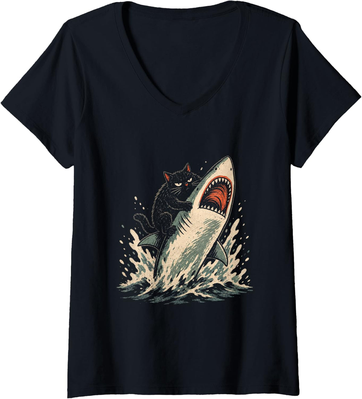 Women's cat Shark Rider Feline Lover Ocean Adventure V-Neck T-Shirt - Black