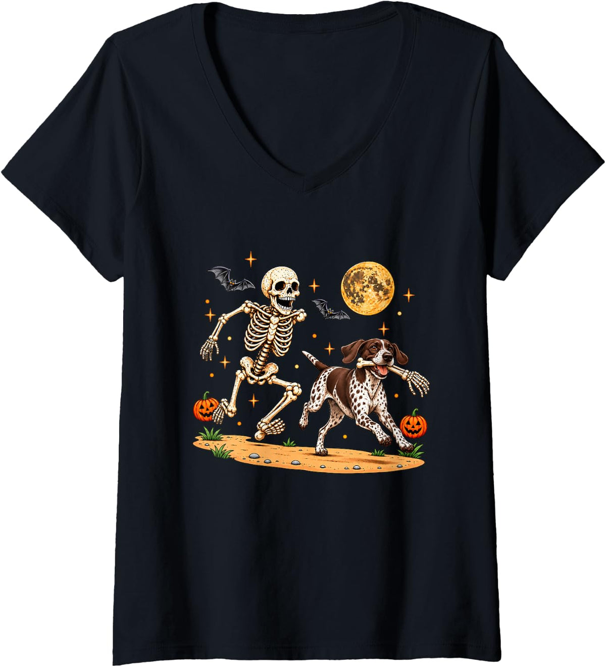 Women's Funny Skeleton Chasing German Shorthaired Pointer Halloween V-Neck T-Shirt - Black