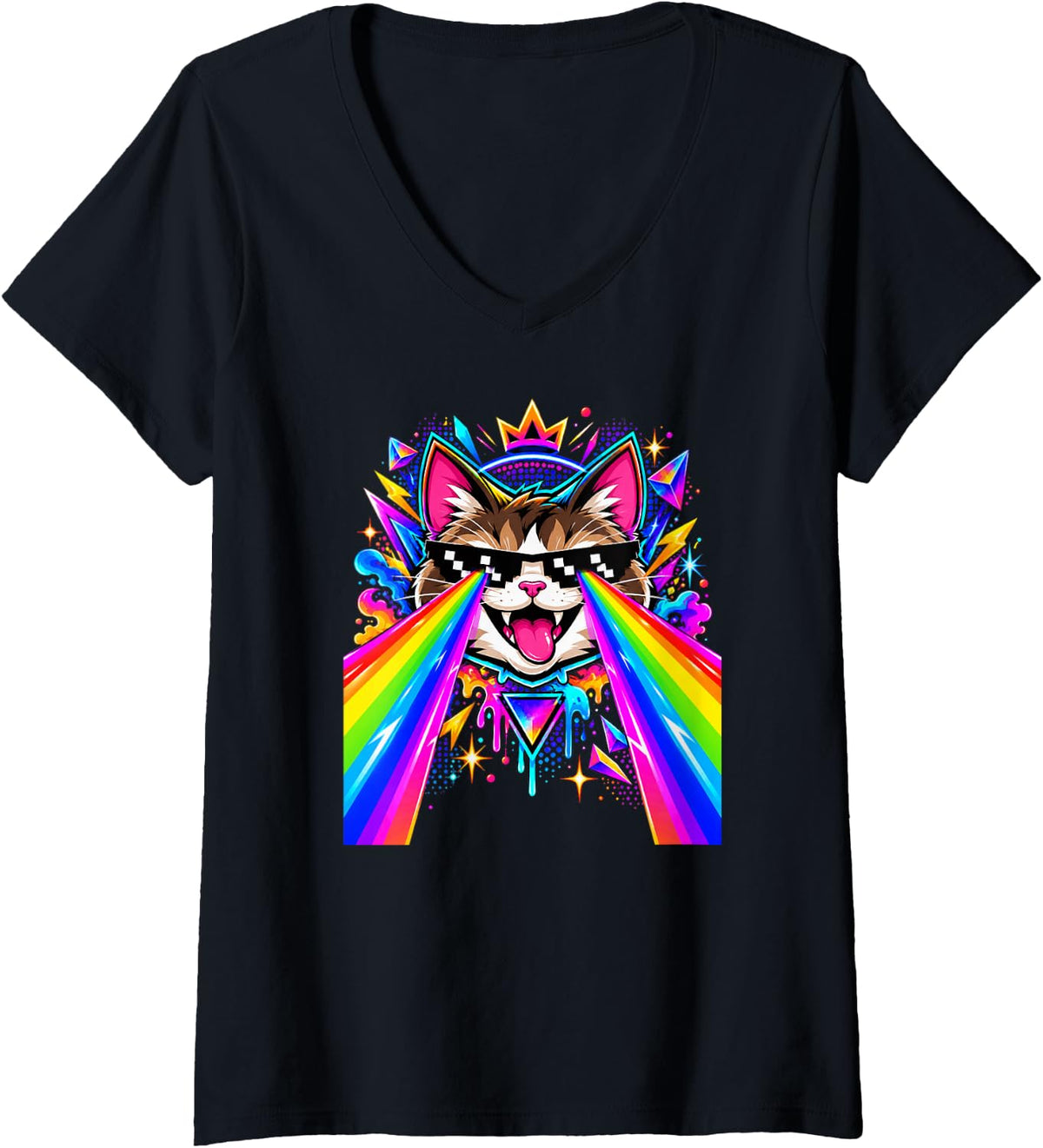 Women's Rainbow Laser Cat Retro Gaming Colorful Funny Cat Art V-Neck T-Shirt - Black