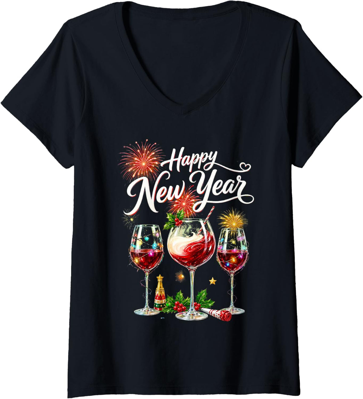 Women's Happy New Year 2026 New Years Eve Fireworks Glasses of Wine V-Neck T-Shirt - Black