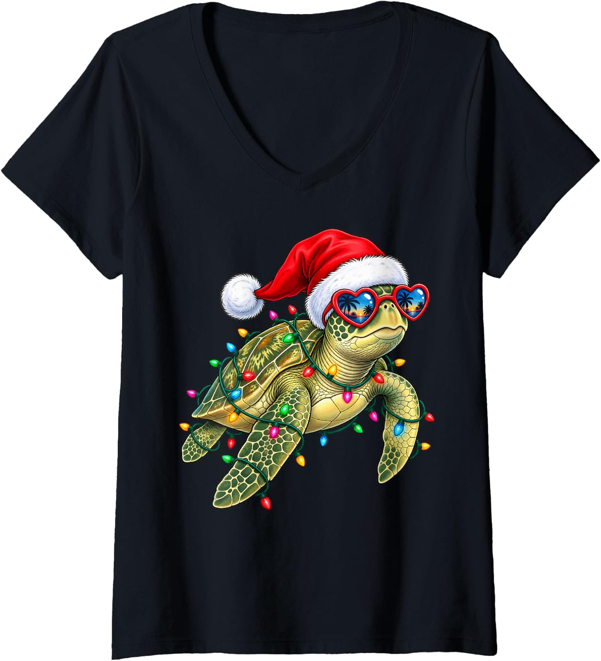 Women's Christmas Sea Turtle Heart Sunglasses with Holiday Lights V-Neck T-Shirt - Black