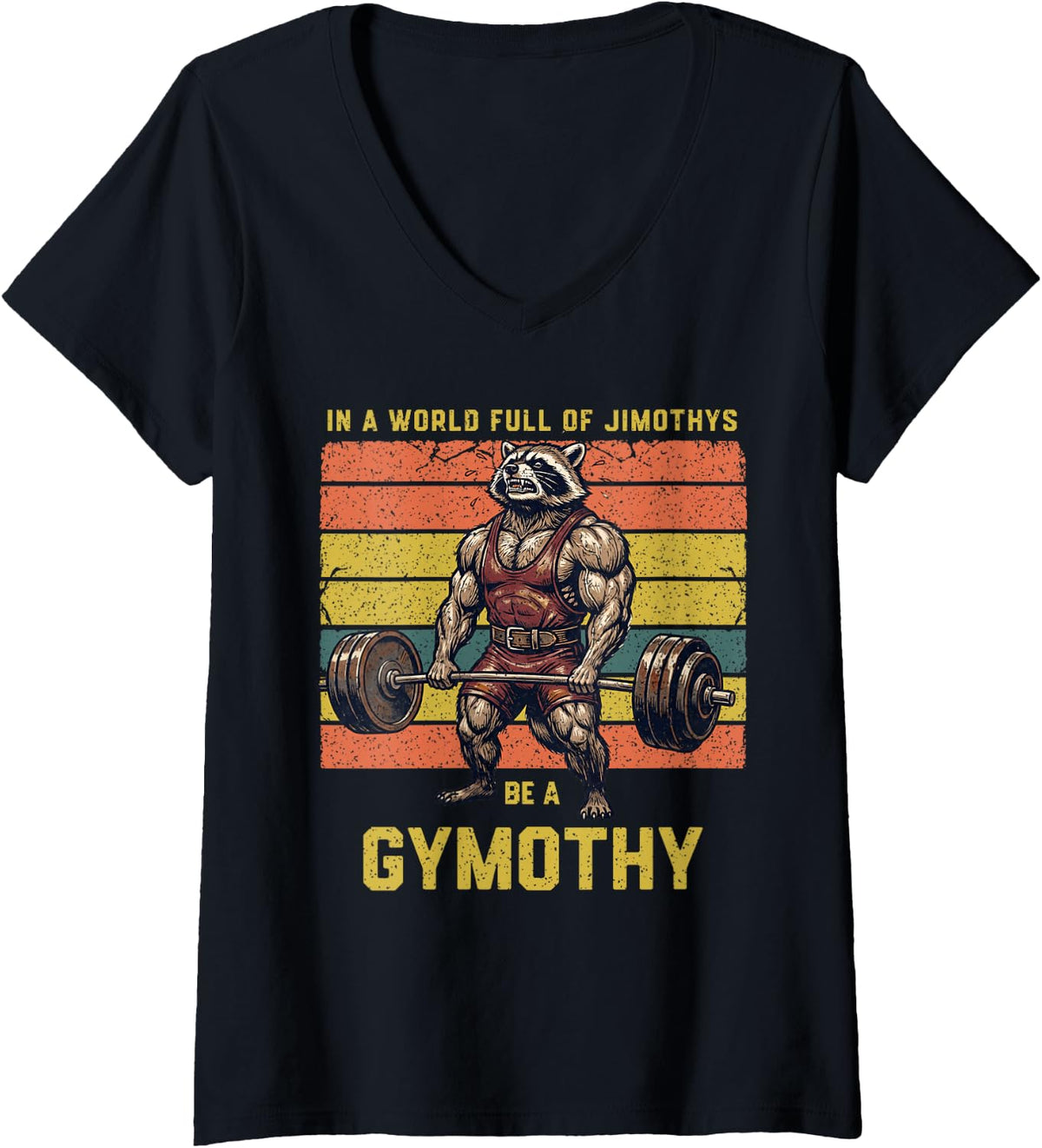 Women's Gymothy Raccoon Bodybuilding Workout Humor V-Neck T-Shirt - Black