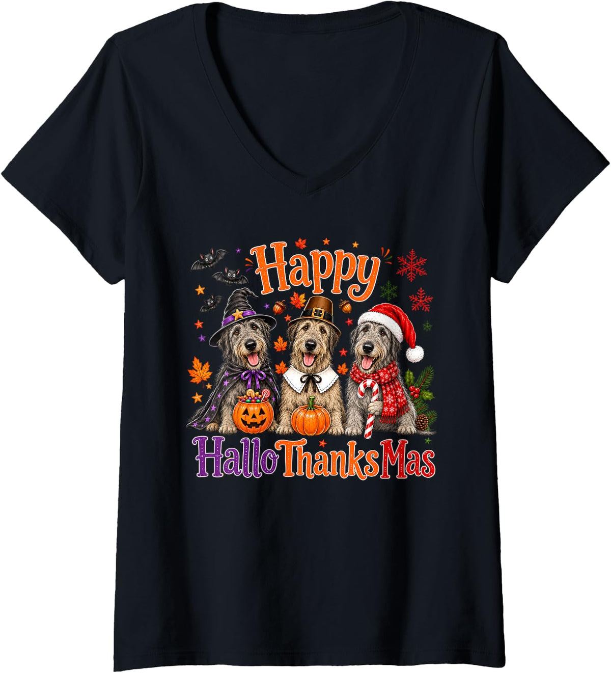 Women's Irish Wolfhound Happy Hallothanksmas Halloween Thanksgiving V-Neck T-Shirt - Black