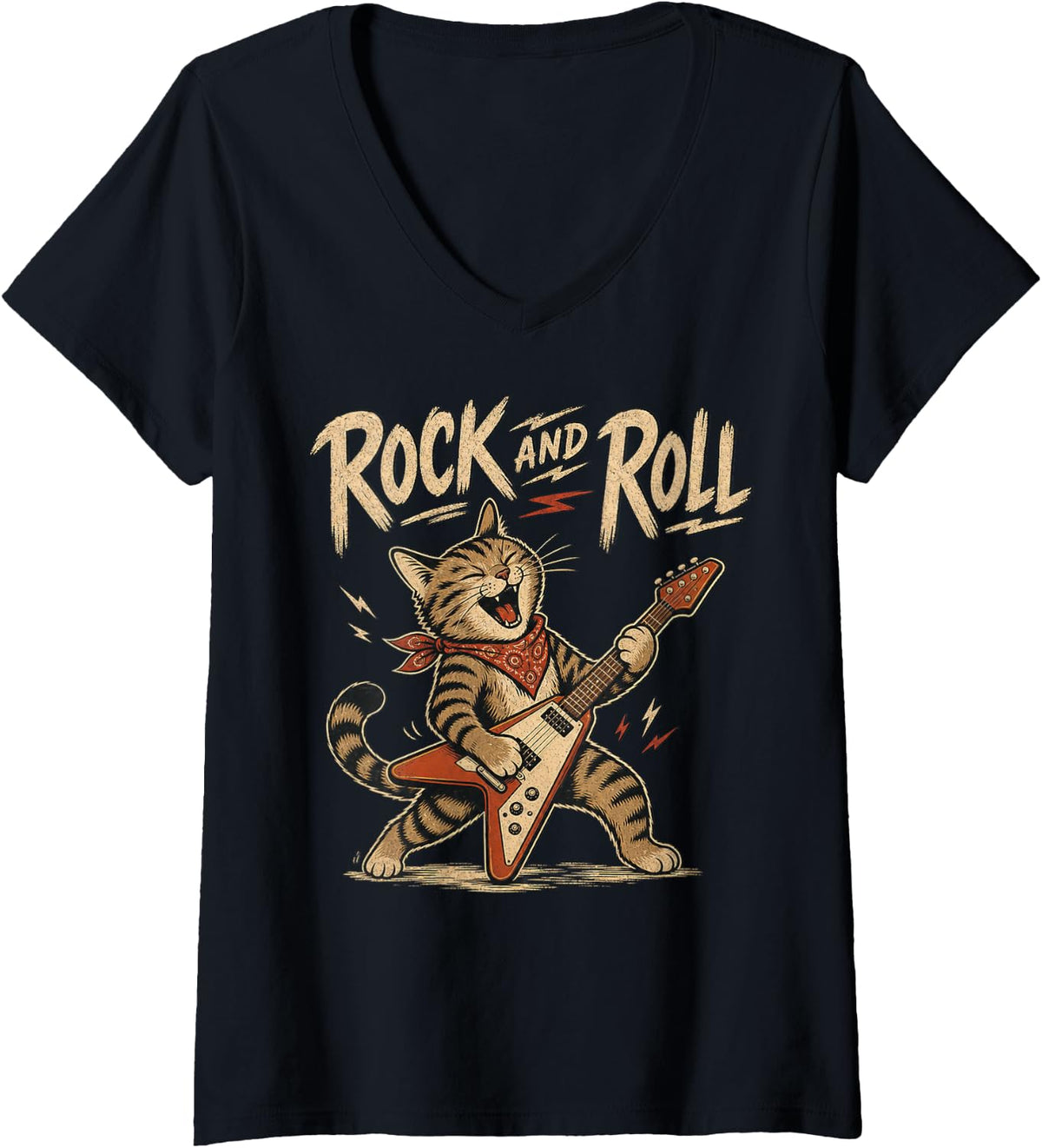 Women's Rock and Roll Tabby Cat Guitarist Illustration V-Neck T-Shirt - Black