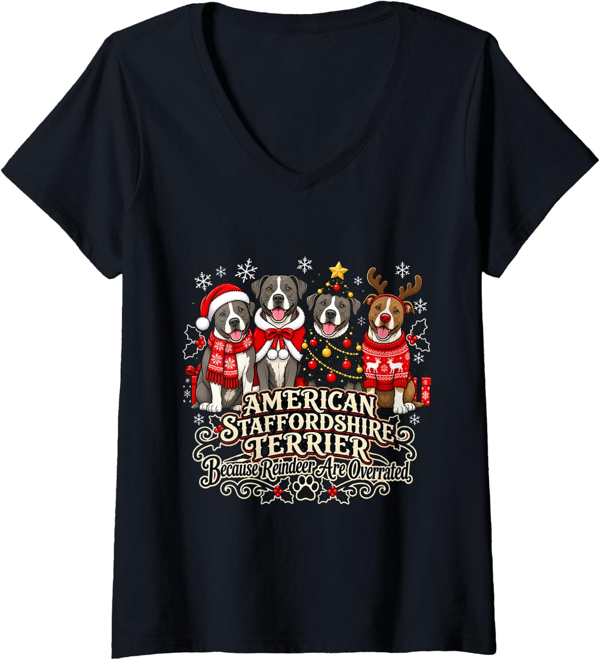 Women's American Staffordshire Terrier Christmas Fun V-Neck T-Shirt - Black