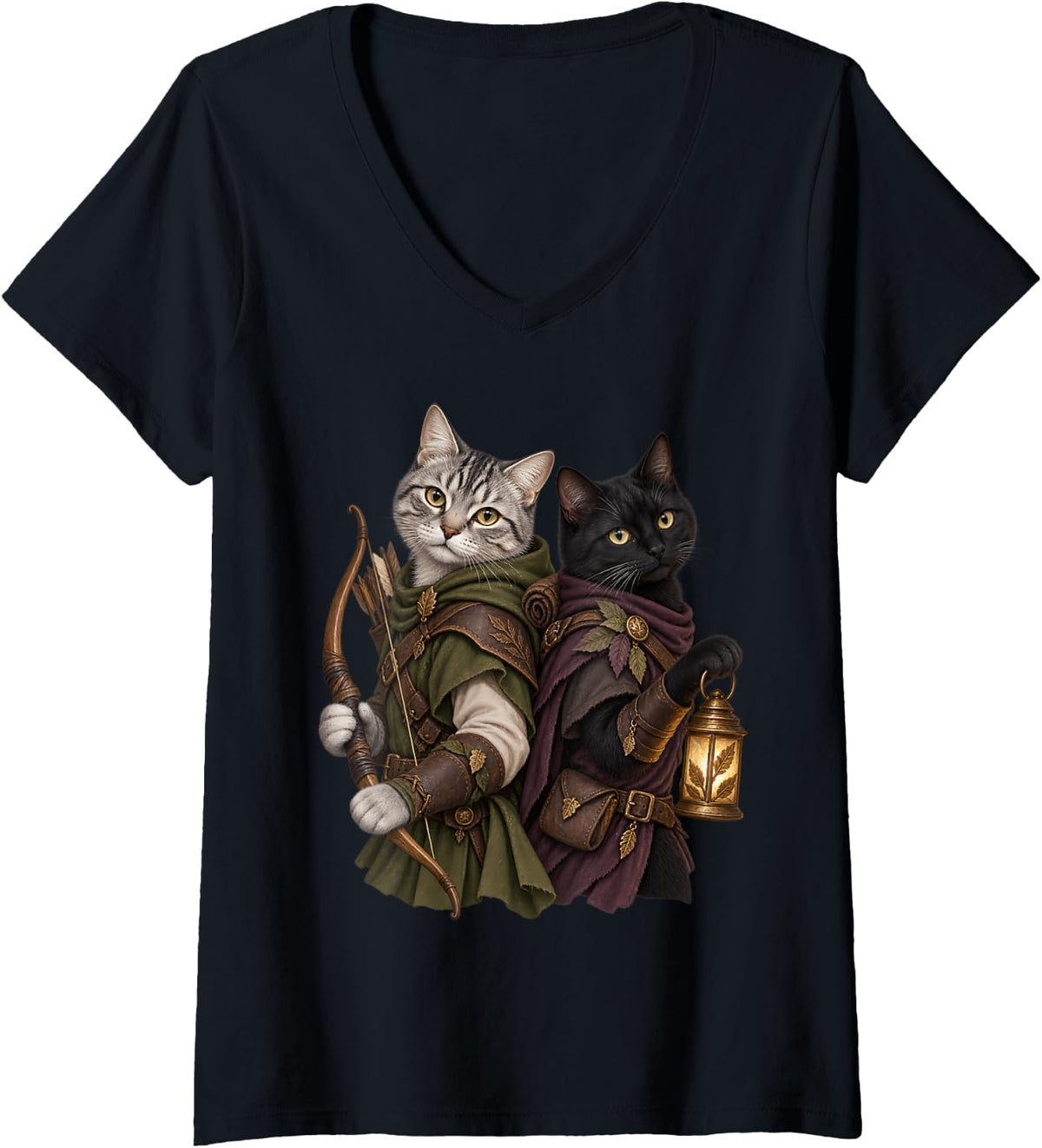 Women's Ranger and Rogue Cats Fantasy RPG Adventure Duo V-Neck T-Shirt - Black