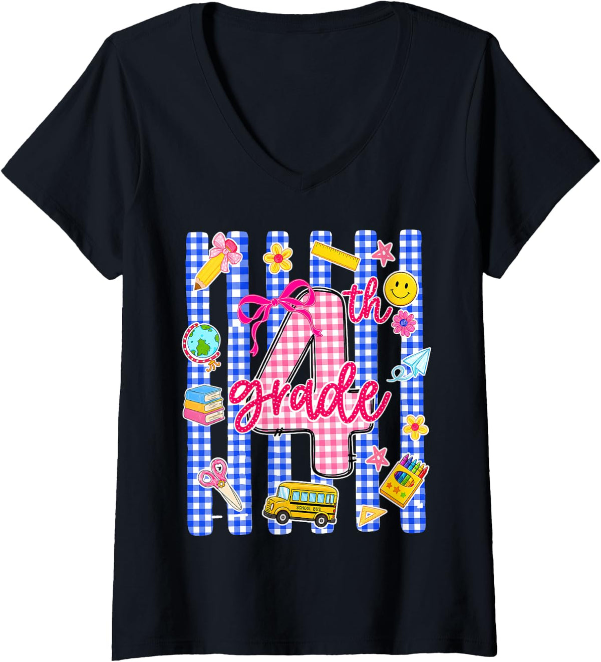 Women's Fourth Grade Cute First Day Back to School Student Teacher V-Neck T-Shirt - Black