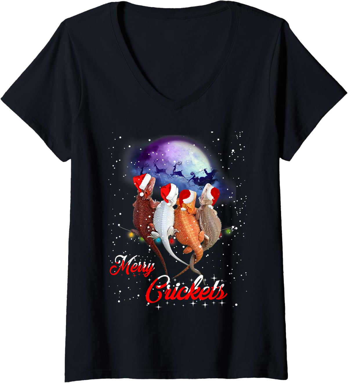 Women's Funny Bearded Dragon Christmas Tee Merry Crickets Gift V-Neck T-Shirt - Black