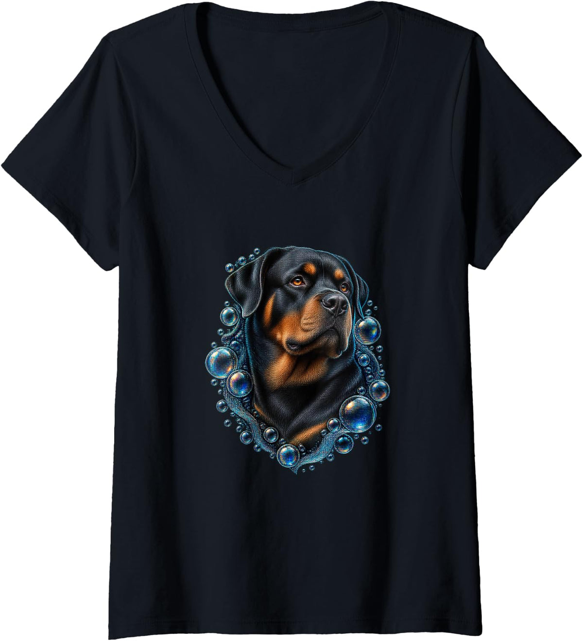 Women's Rottweiler with Aqua Orb Halo V-Neck T-Shirt - Black