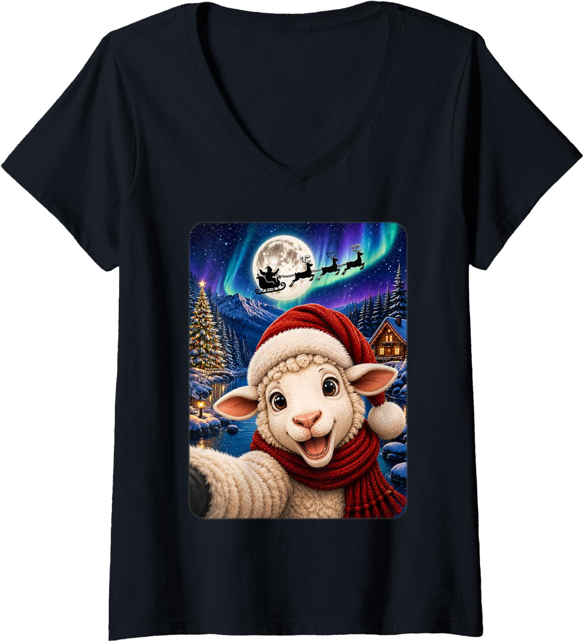 Women's Cute Holiday Winter Selfie Lamb Sheep Christmas V-Neck T-Shirt - Black