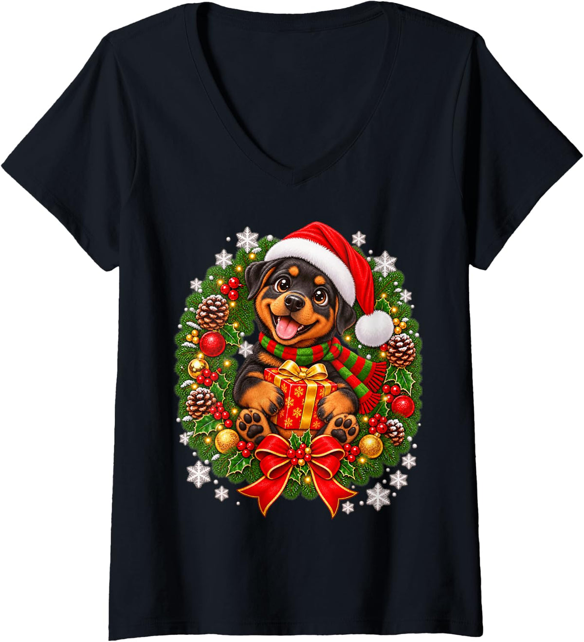 Women's Rottweiler Santa Hat Christmas Light Xmas PJ Men Women Kids V-Neck T-Shirt - Black