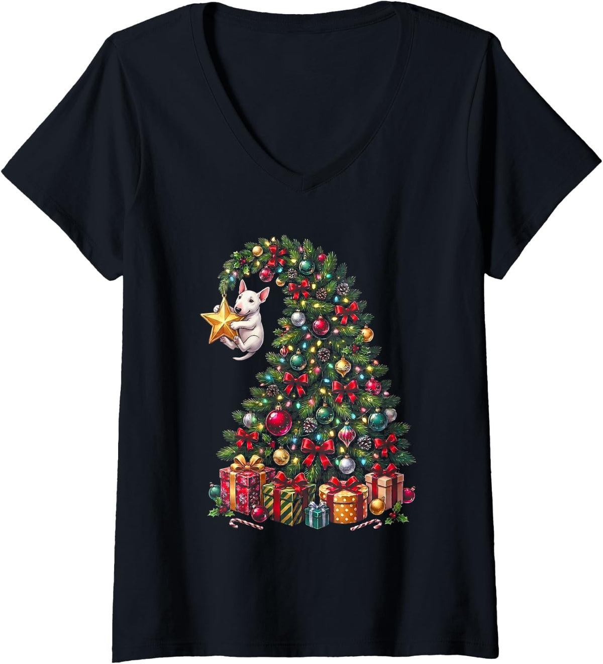 Women's Bull Terrier Hanging from Christmas Tree Festive Funny Pet V-Neck T-Shirt - Black