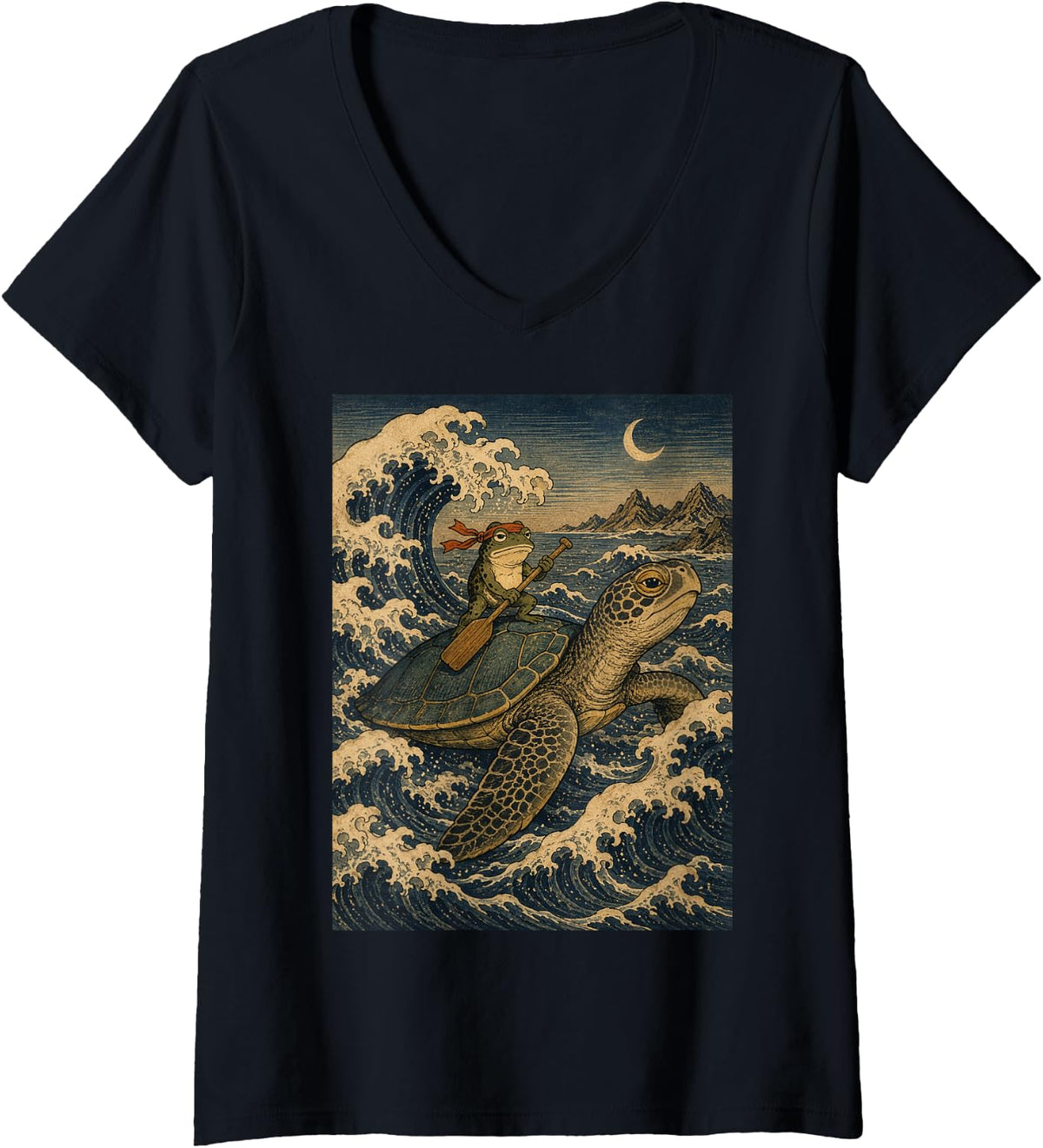 Women's Funny Frog Riding Sea Turtle Japanese Woodblock Ocean Art V-Neck T-Shirt - Black
