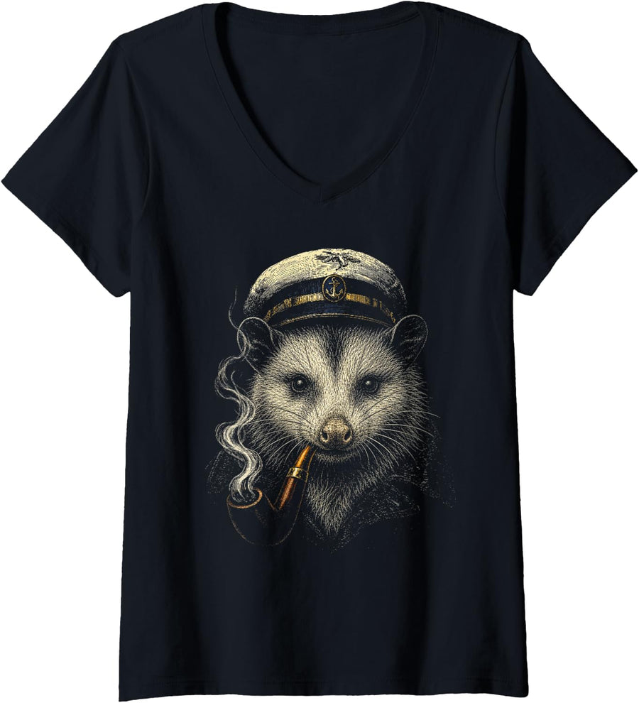 Women's Opossum Smoking Pipe Funny Nautical Boat Captain Possum V-Neck T-Shirt - Black
