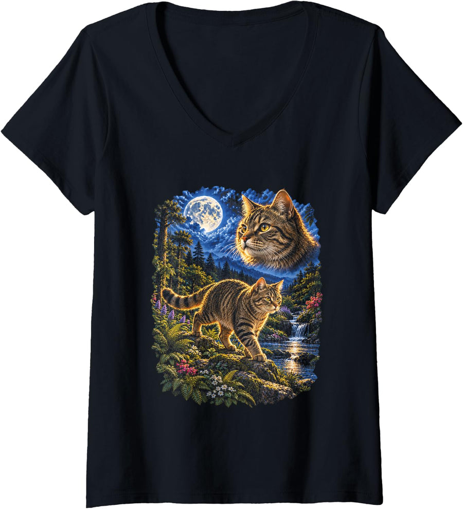 Women's Tabby Cat Full Moon Forest Stream Wilderness Pet 90s Art V-Neck T-Shirt - Black