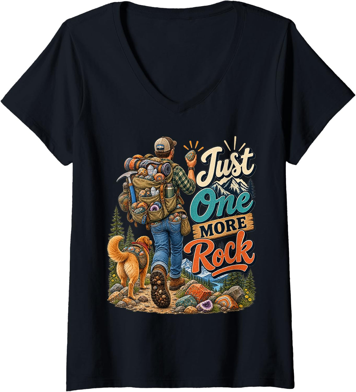 Women's One More Rock Rockhound Rock Collector Rock Hunter V-Neck T-Shirt - Black
