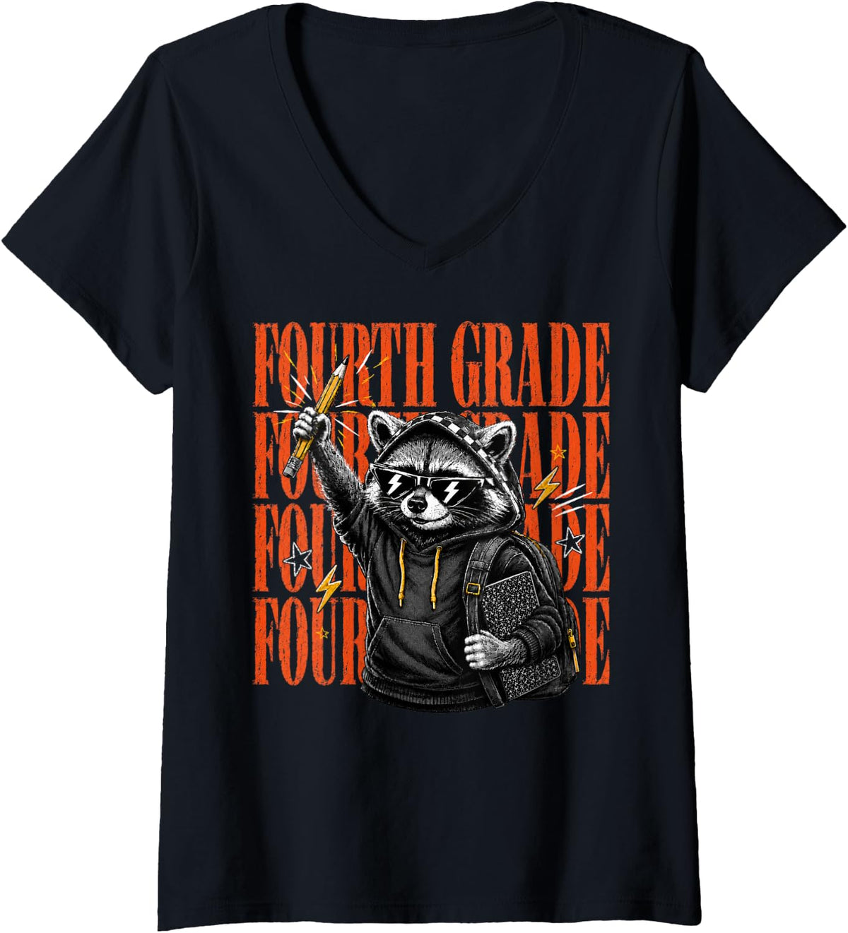 Women's Fourth Grade Raccoon Back to School Funny Student V-Neck T-Shirt - Black