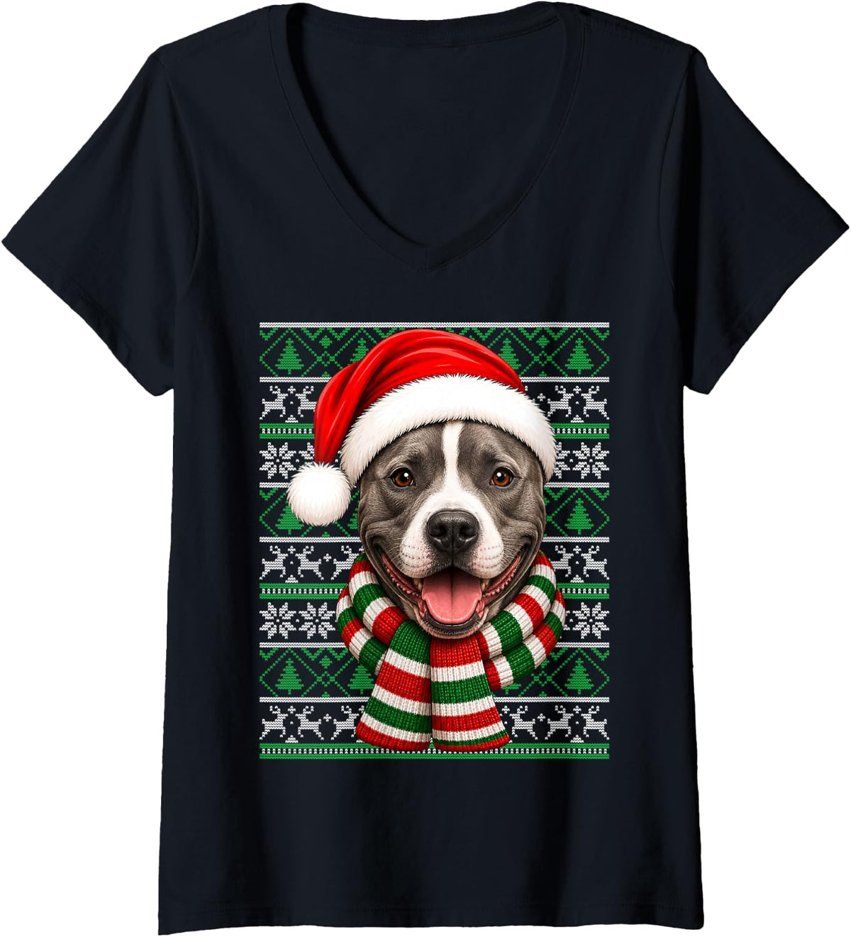 Women's American Staffordshire Terrier Christmas Santa Hat Ugly Xmas V-Neck T-Shirt - Black