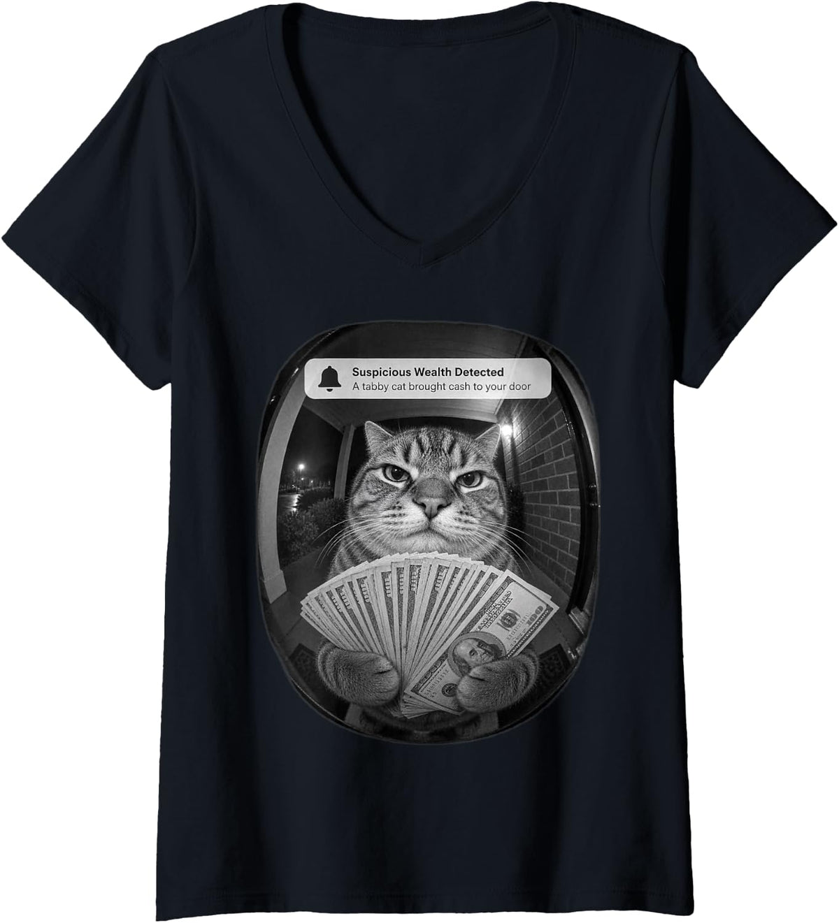 Women's There is Motion At Your Front Door Meme Tabby Cat V-Neck T-Shirt - Black