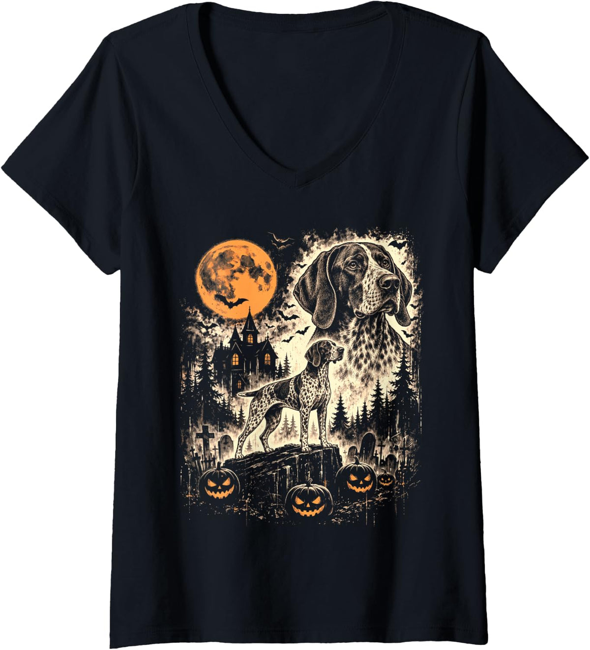 Women's Halloween German Shorthaired Pointer Spooky Graveyard Moon V-Neck T-Shirt - Black