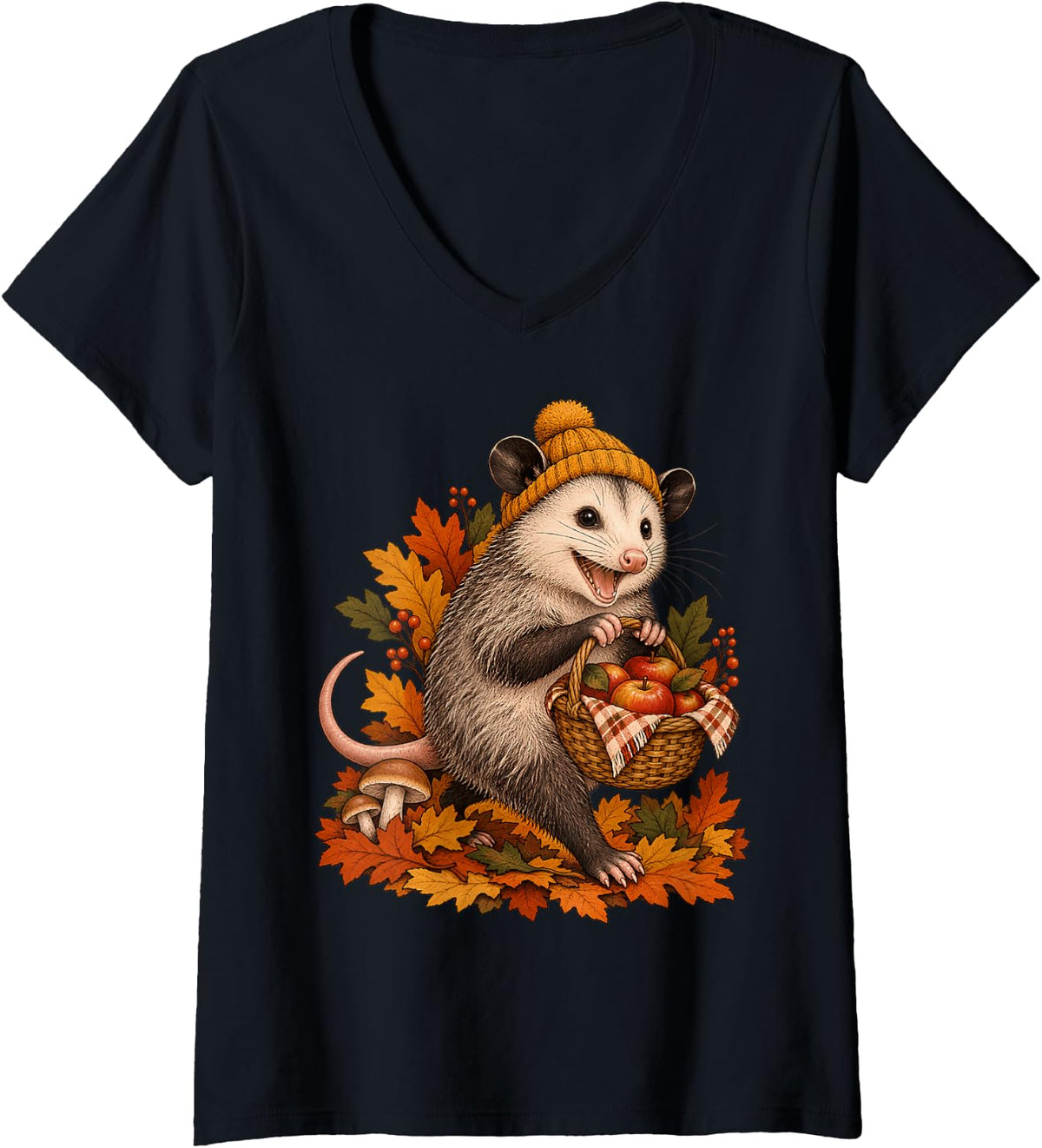 Women's Funny Opossum Apple Picking Basket Fall Autumn V-Neck T-Shirt - Black