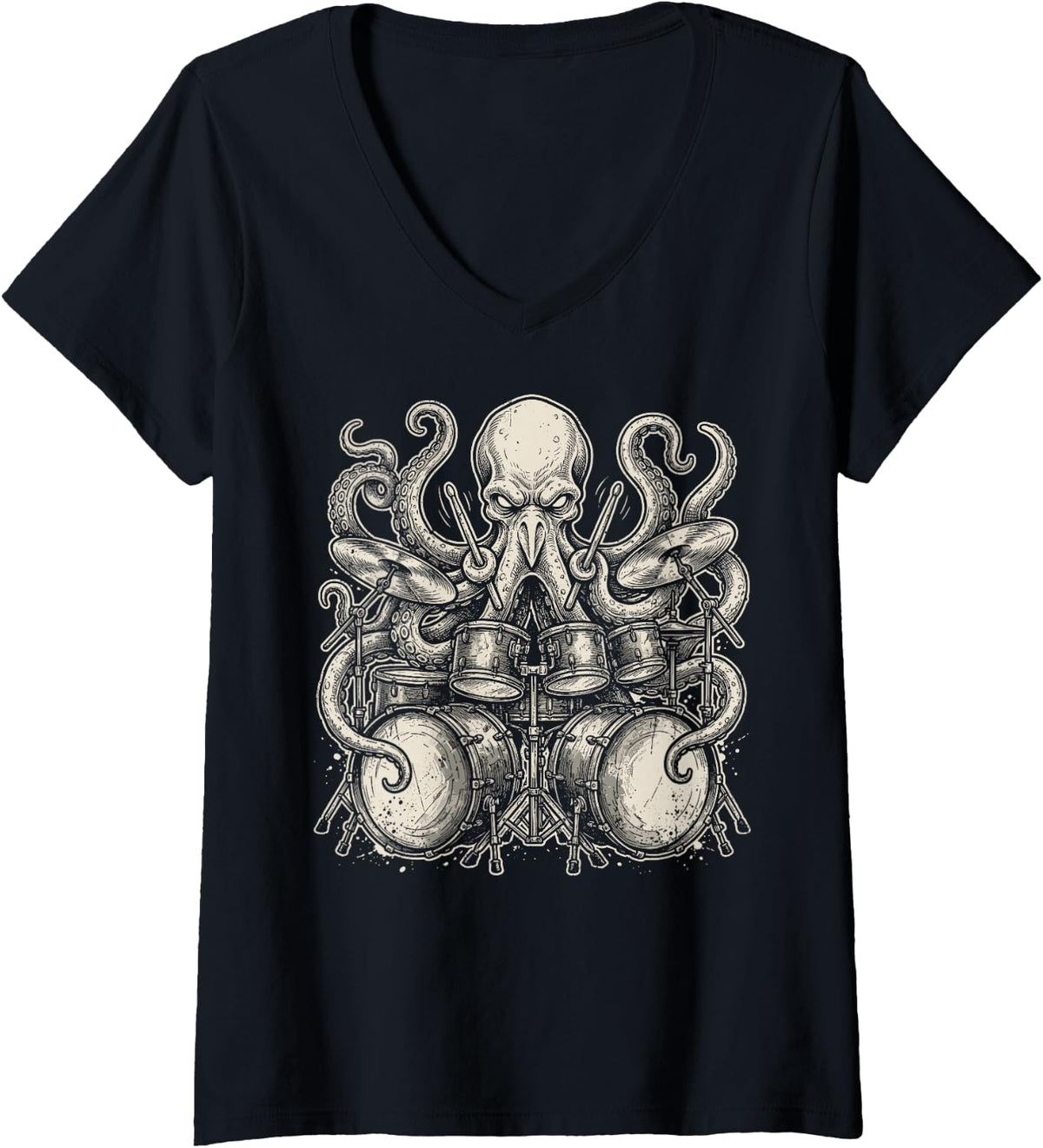 Women's Octopus Play Drums Drummer Musician Rock Music Band Tee V-Neck T-Shirt - Black