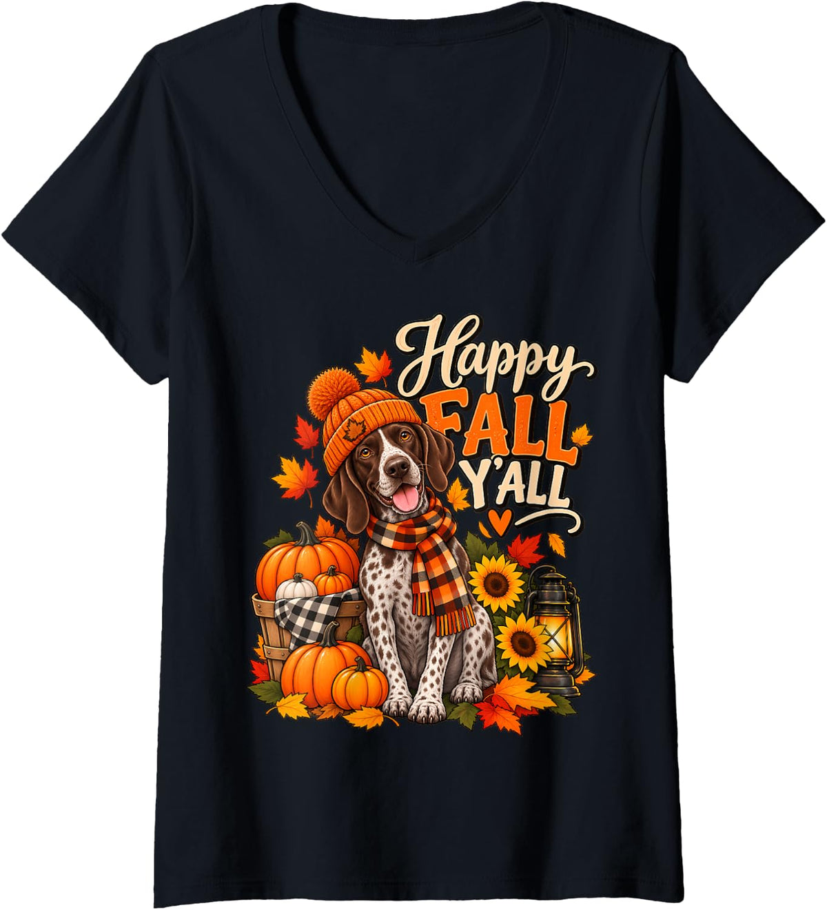 Women's Happy Fall Y'all German Shorthaired Pointer Dog Scarf Autumn V-Neck T-Shirt - Black