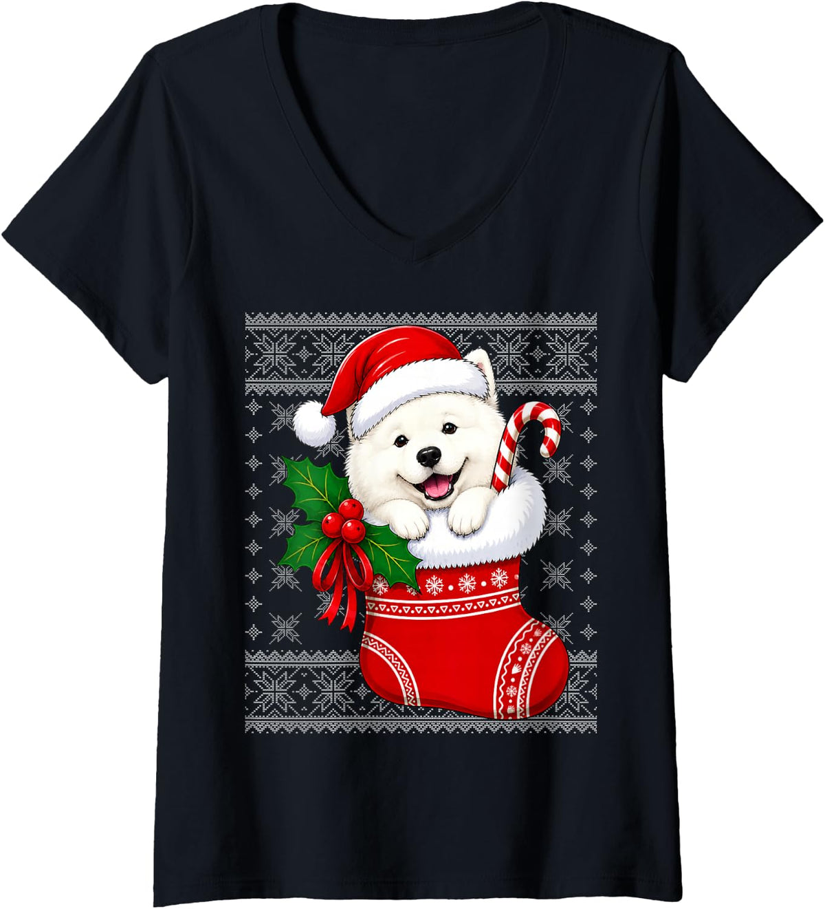Women's Samoyed Dog Christmas Stocking Cute Festive Ugly Xmas V-Neck T-Shirt - Black
