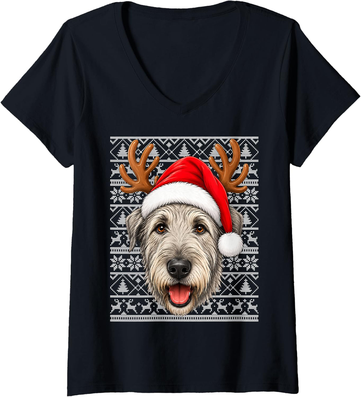 Women's Irish Wolfhound Dog Christmas Santa Hat Ugly Sweater Xmas V-Neck T-Shirt - Black