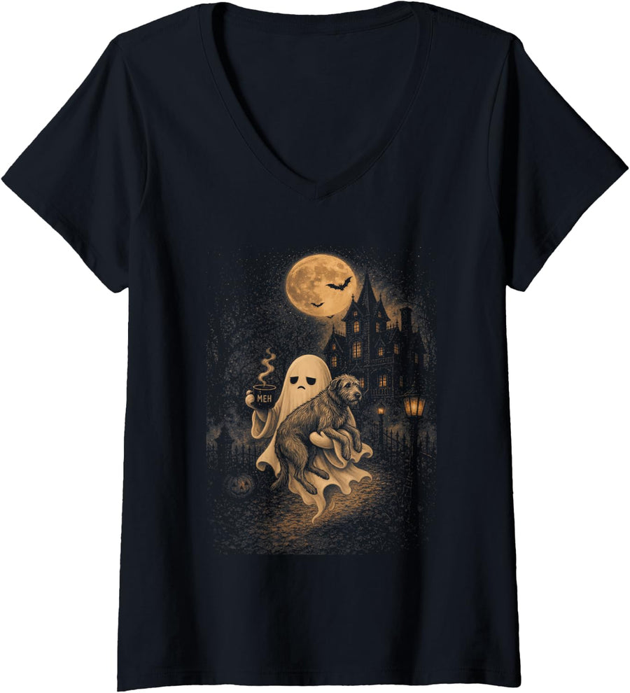 Women's Vintage Irish Wolfhound Ghost Coffee Spooky Halloween V-Neck T-Shirt - Black