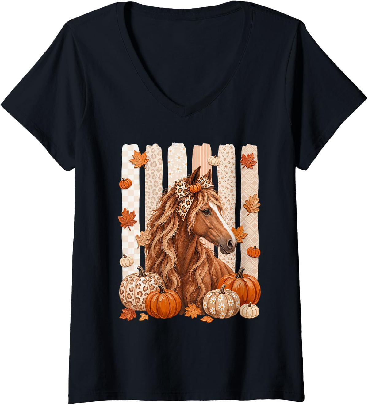 Women's Cute Horse Leopard Bow Fall Cozy Autumn Pumpkin Striped V-Neck T-Shirt - Black