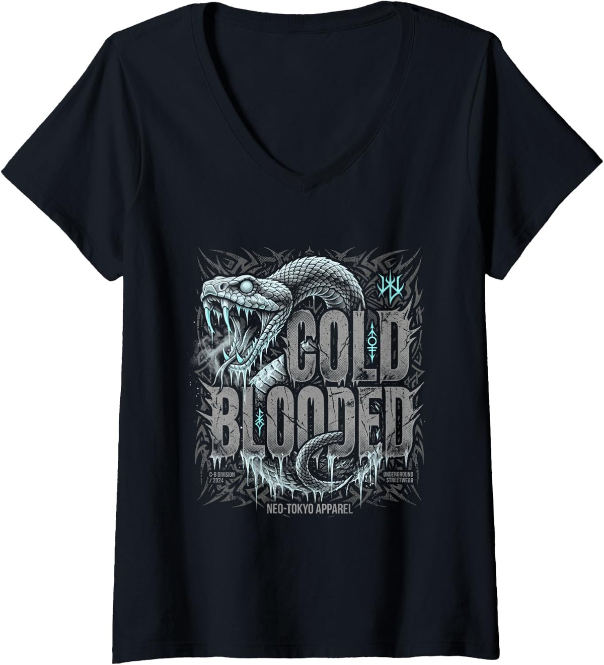 Women's Cold Blooded Tshirt Urban Streetwear Hiphop Ghetto Rap 90s V-Neck T-Shirt - Black