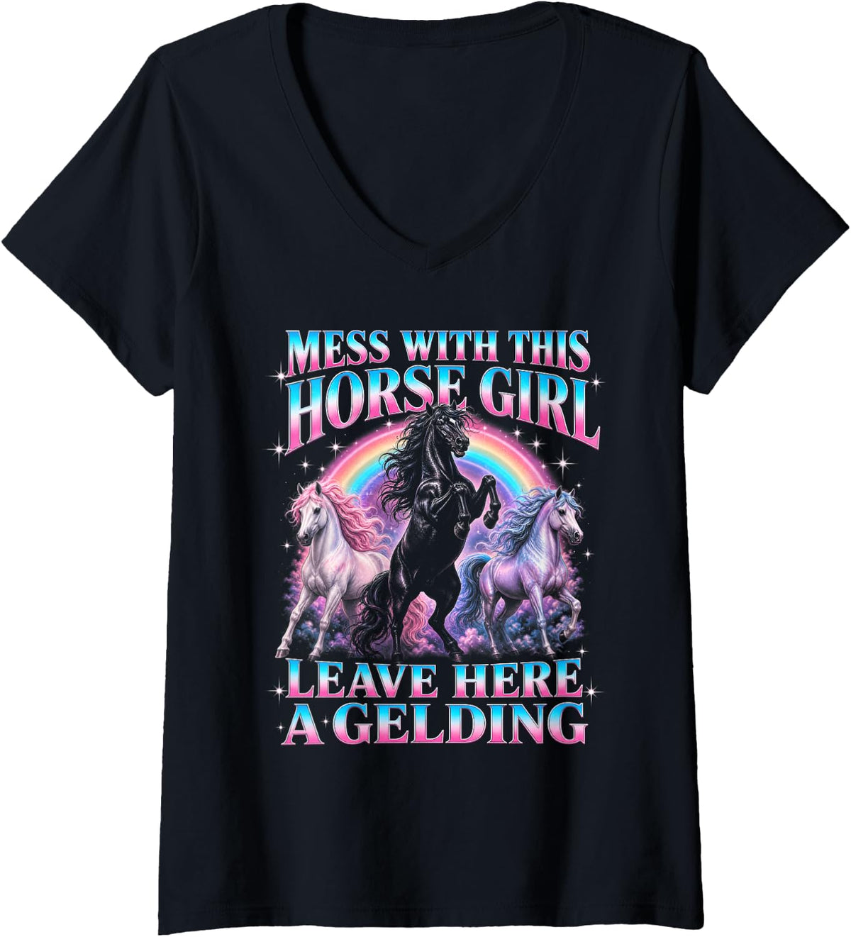 Women's Mess with This Horse Girl Leave Here A Gelding Funny V-Neck T-Shirt - Black