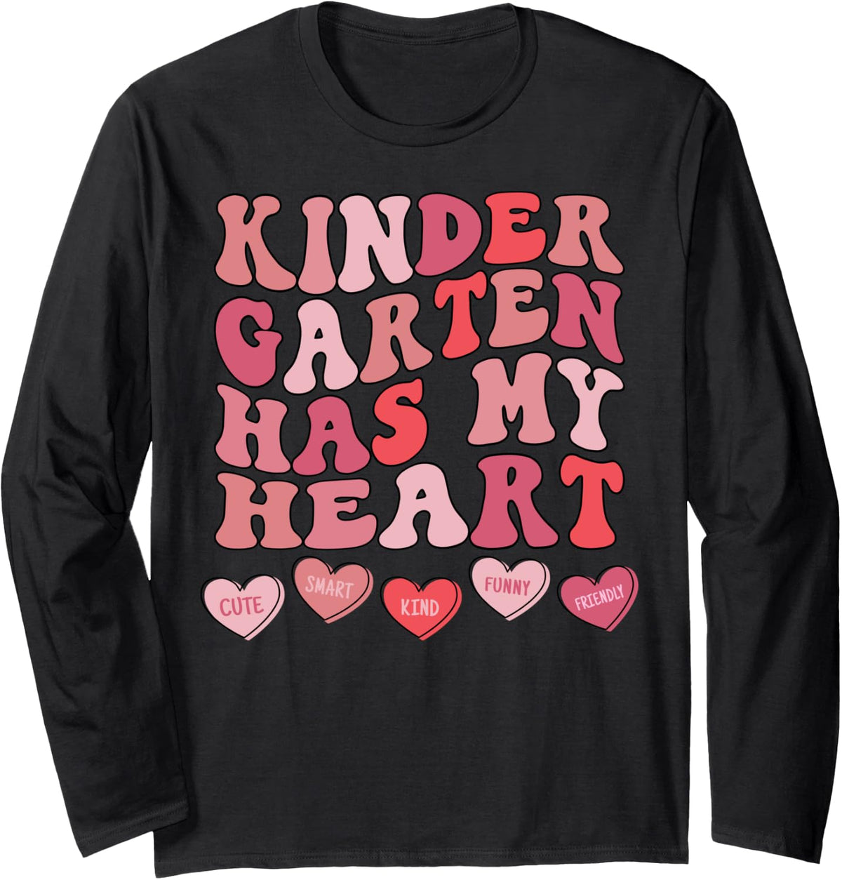 Kindergarten Has My Heart Groovy Valentines Day Teacher Long Sleeve T-Shirt - Adult Unisex Black
