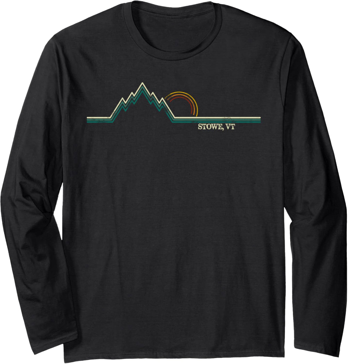 Retro Mountains Stowe, Vermont Summer Hiking Long Sleeve T-Shirt - Adult Unisex Black