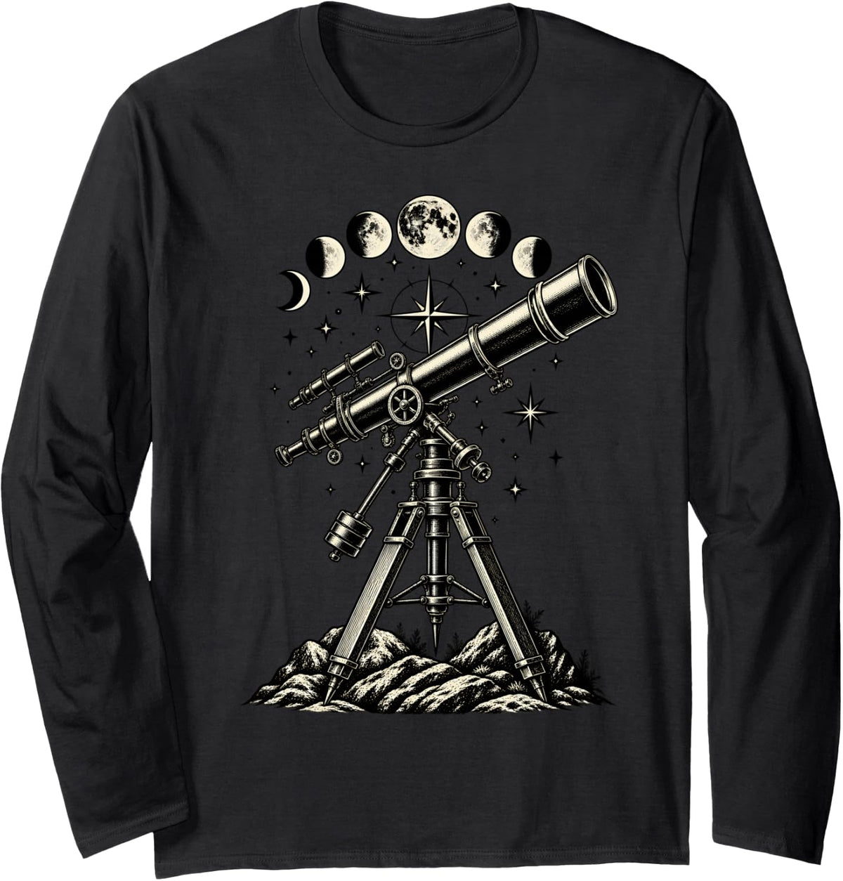 Vintage Telescope Moon Phases Amateur Astronomy Stargazing Long Sleeve T-Shirt - Adult Unisex Black