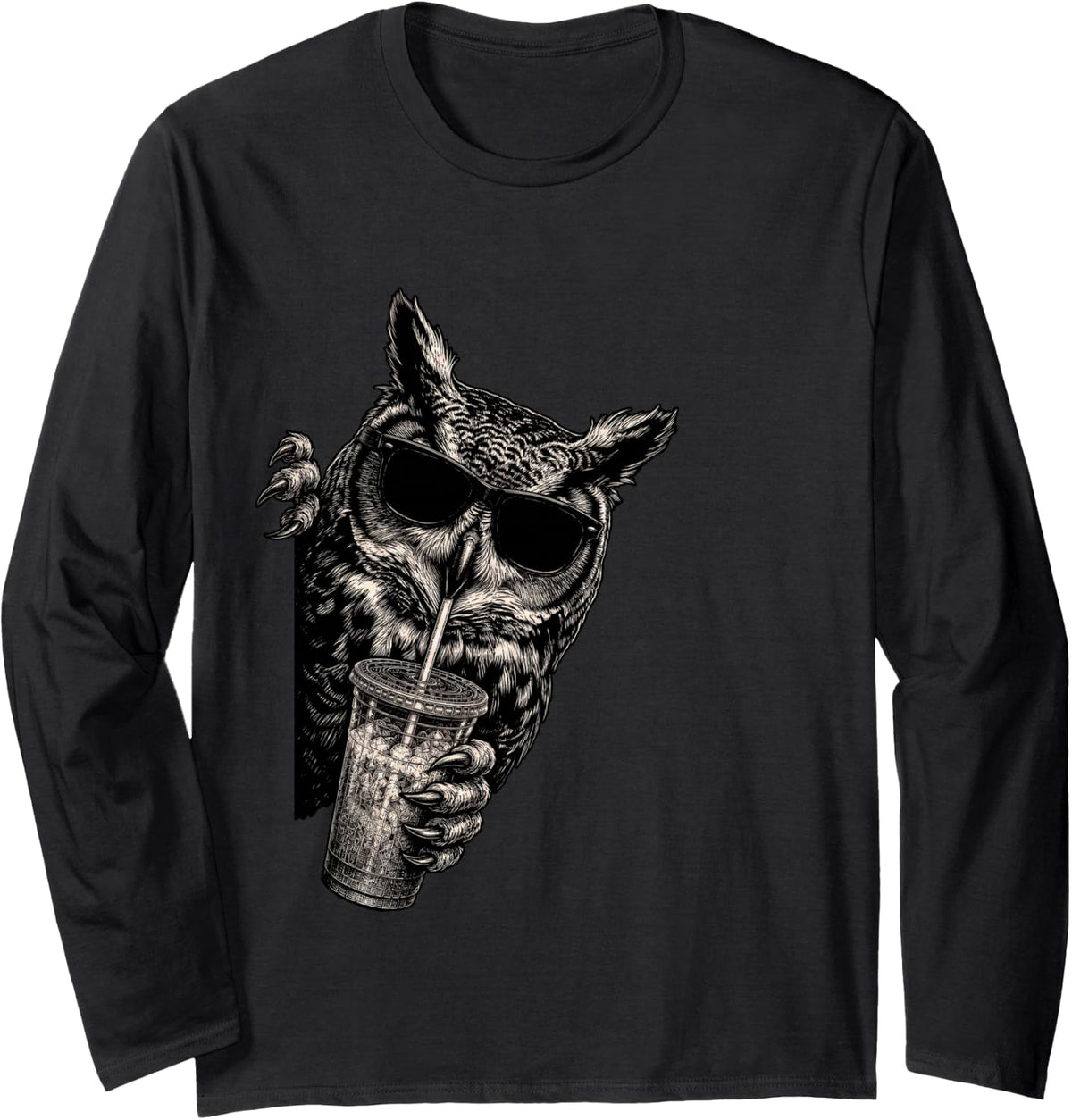 Funny Owl Peeking Drinking Iced Coffee Bird Humor Long Sleeve T-Shirt - Adult Unisex Black