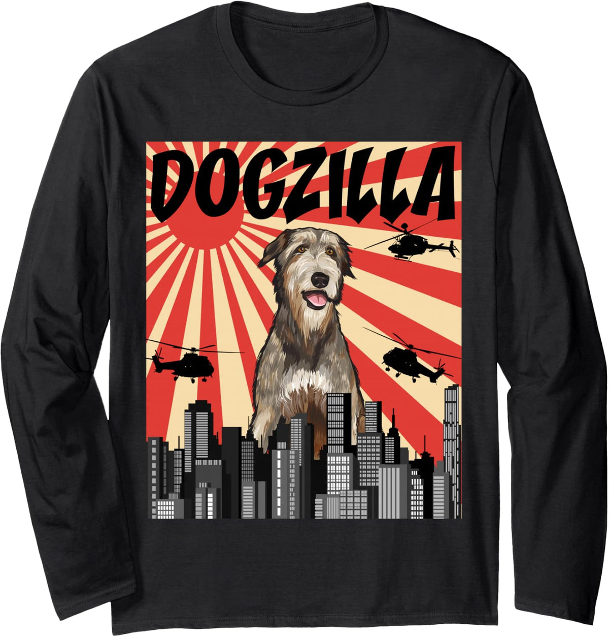 Funny Retro Japanese Dogzilla Irish Wolfhound Long Sleeve T-Shirt - Adult Unisex Black