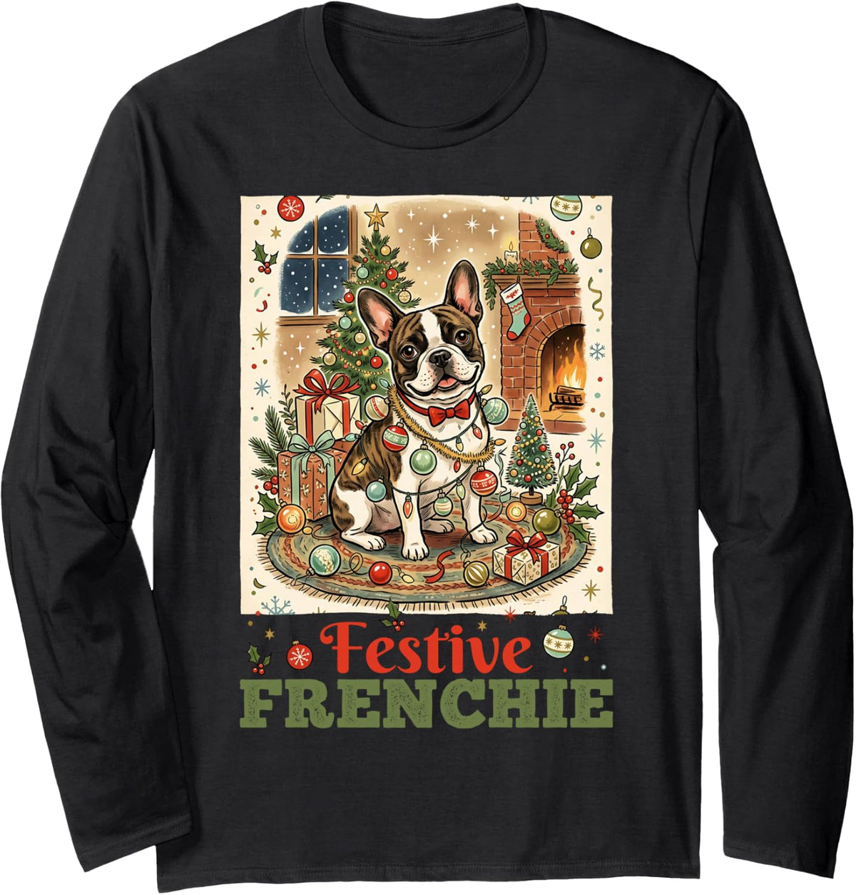 French Bulldog Frenchie String Lights Ornaments Tinsel Retro Long Sleeve T-Shirt - Adult Unisex Black