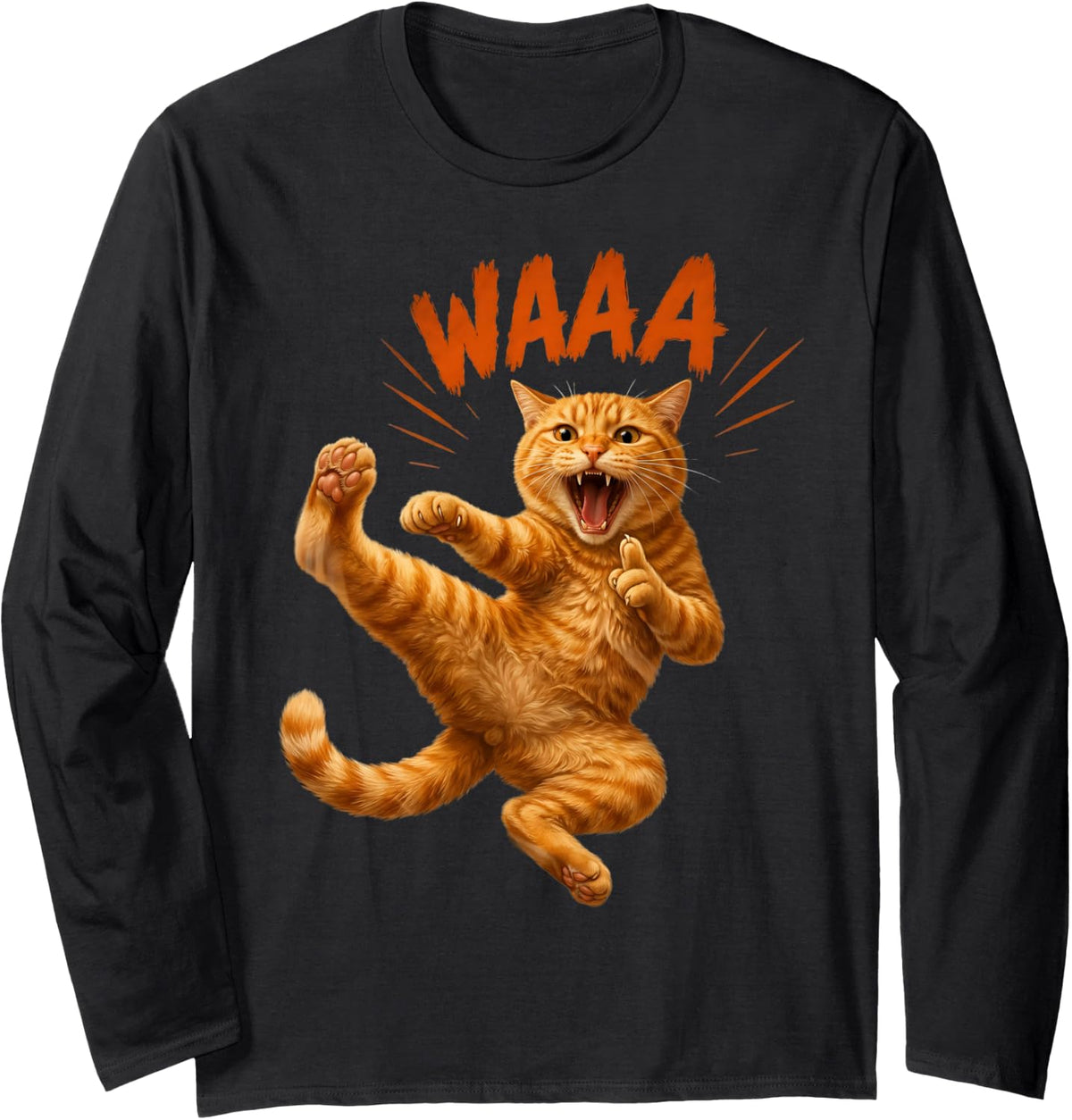 Funny Orange Tabby Cat Karate Kick Martial Arts Kitty Long Sleeve T-Shirt - Adult Unisex Black
