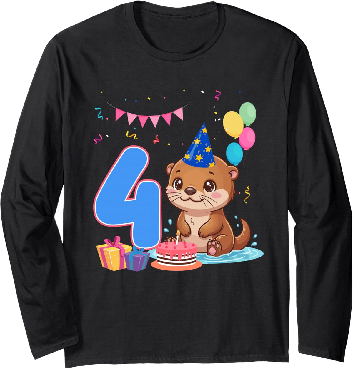 It's My 4th Birthday Otter Lover 4 Year Old Birthday Party Long Sleeve T-Shirt - Adult Unisex Black