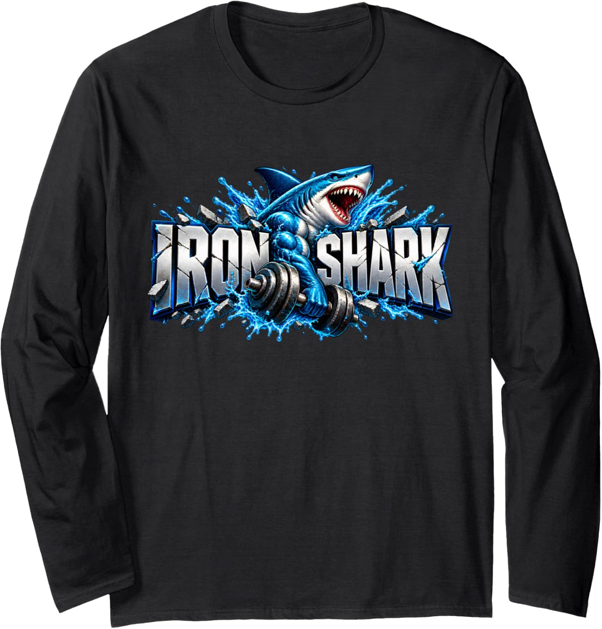 Iron Shark Weightlifting Gym Strength Graphic Long Sleeve T-Shirt - Adult Unisex Black