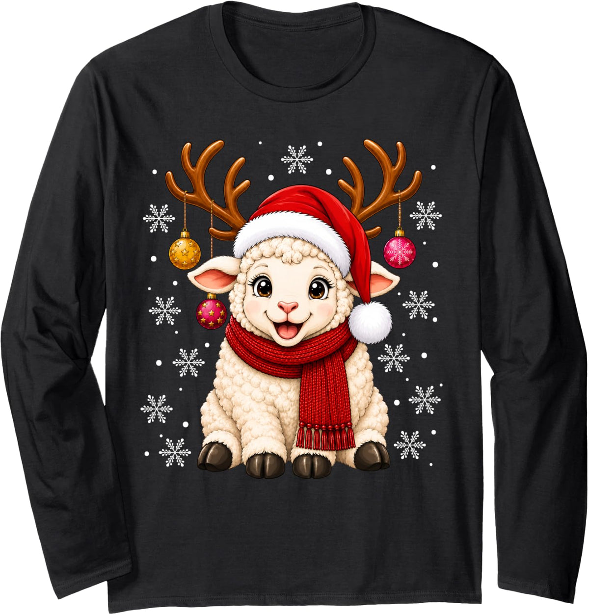 Adorable Holiday Joyful Santa Hat Lamb Sheep Christmas Long Sleeve T-Shirt - Adult Unisex Black