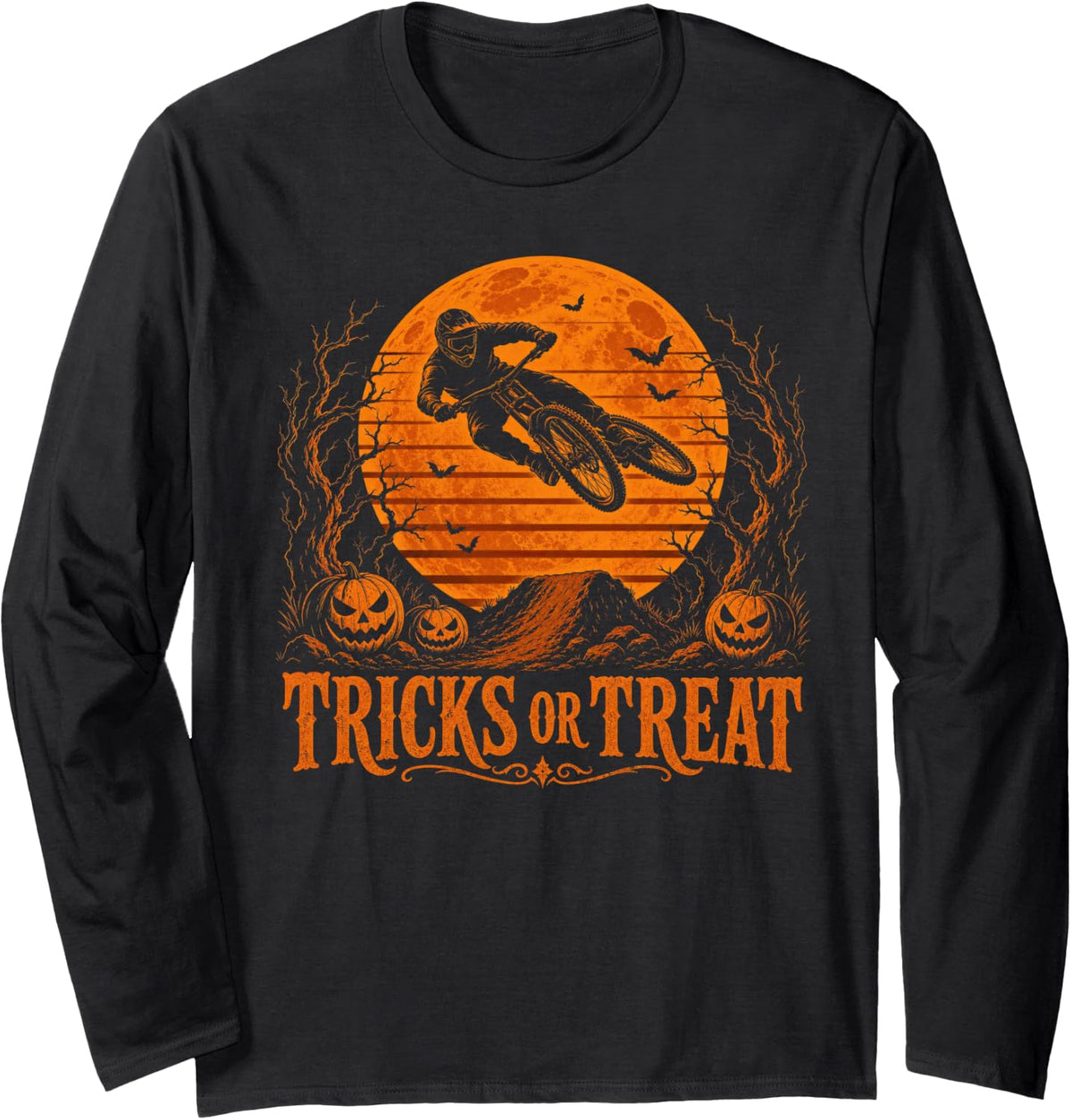Mountain Bike Tricks or Treat Retro Halloween Long Sleeve T-Shirt - Adult Unisex Black
