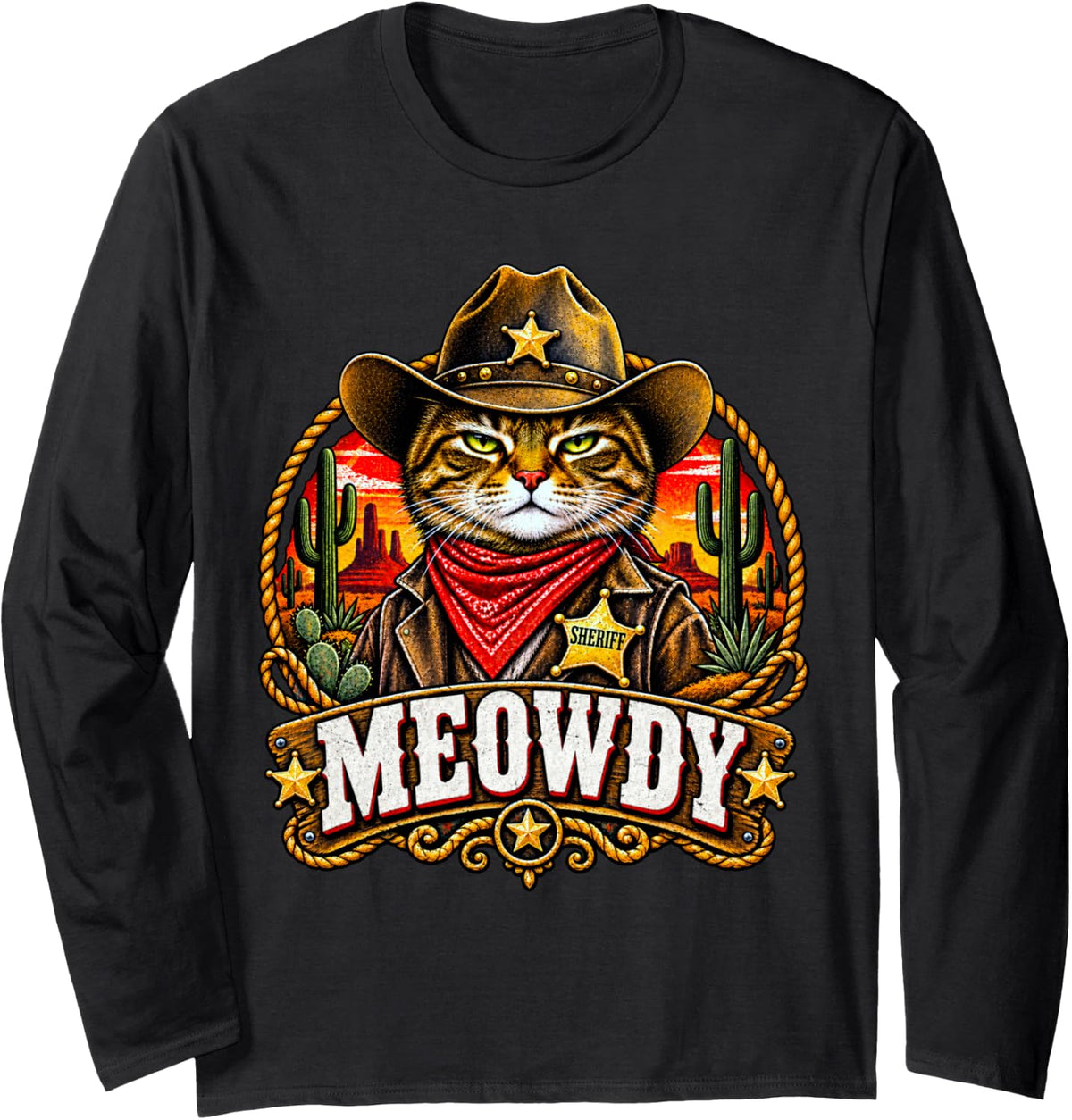 Meowdy Tabby Cat Sheriff Dad Joke Cowboy Pun Western Meme Long Sleeve T-Shirt - Adult Unisex Black